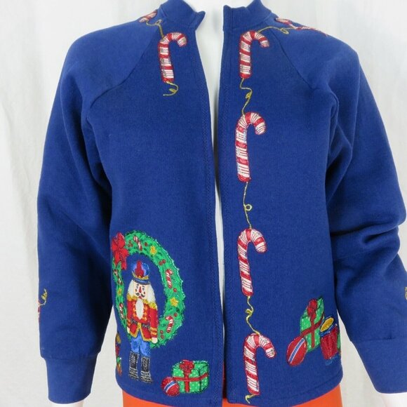 Vintage Fruit Of The Loom Christmas Sweater Blue Nutcracker Candy Cane Gifts M - Picture 16 of 16